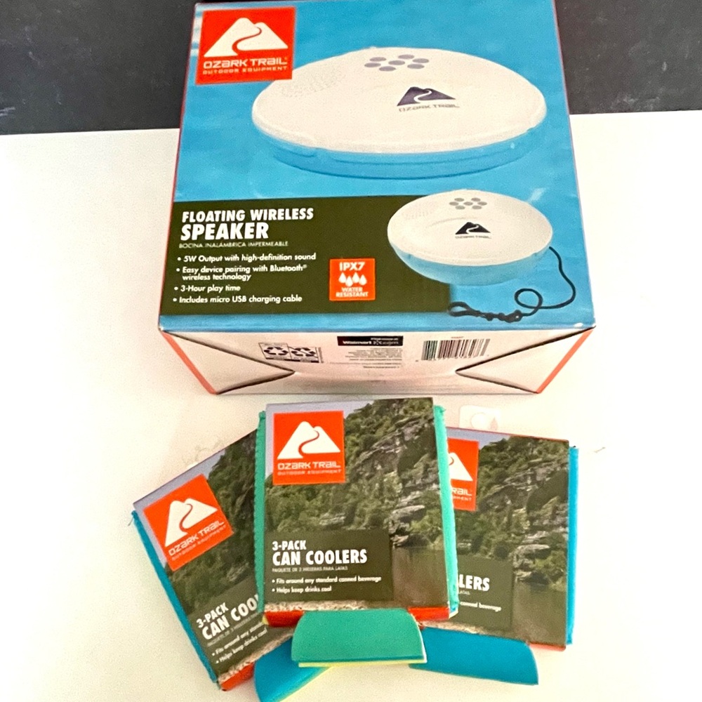 Floating wireless speaker and 3 sets of can coozies both by Ozark Trail.